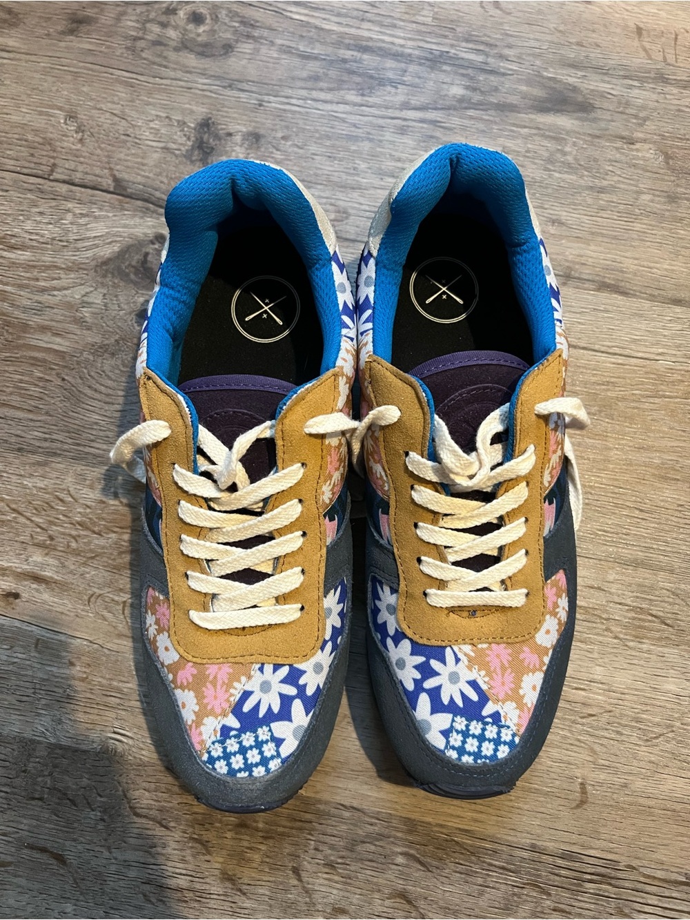 inkkas Blue Floral Lace-Up Sneakers with Mustard Accents